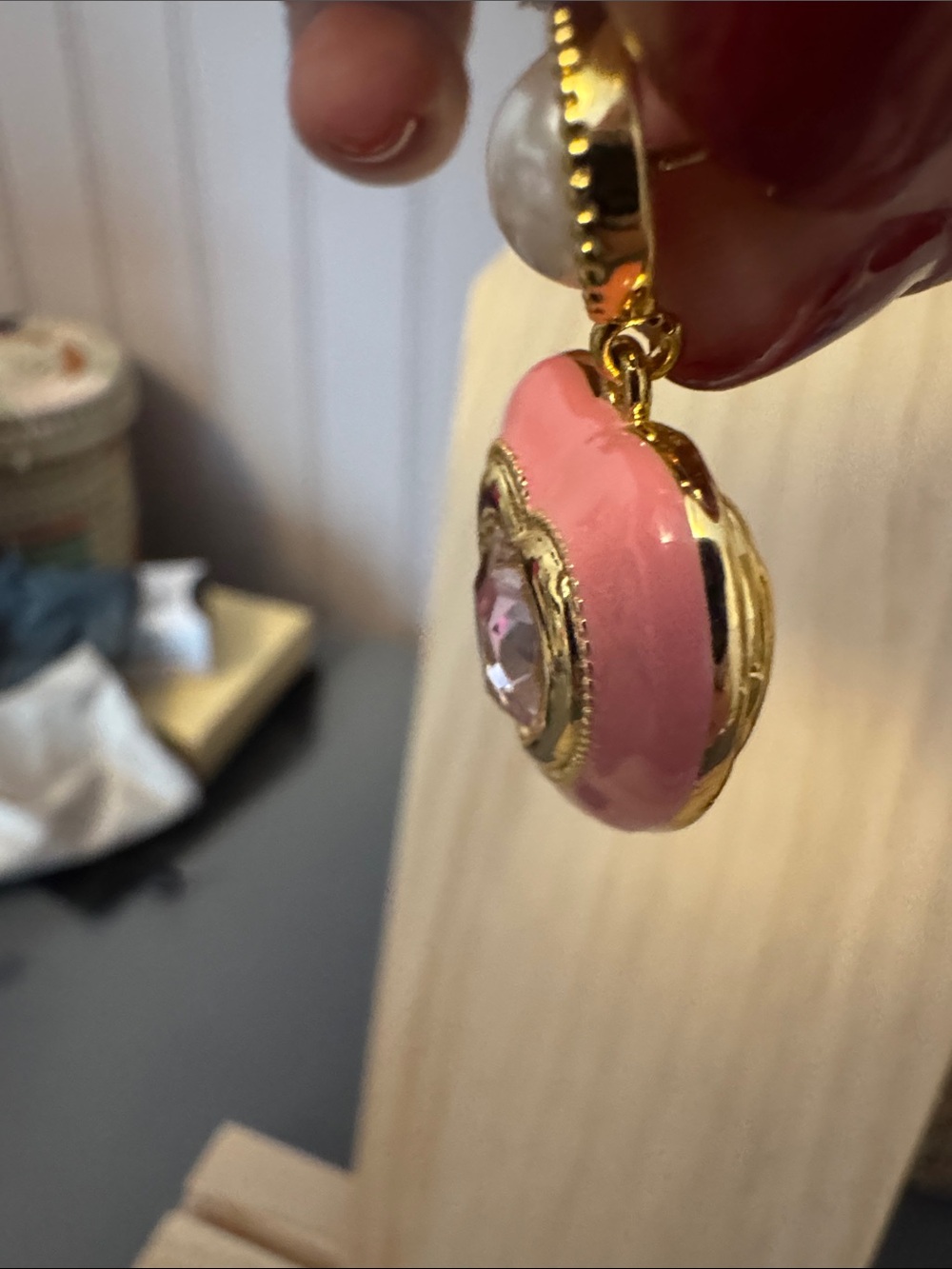 Gold-Tone Pink Heart Drop Earrings with Pearl Accent - Picture 3 of 4